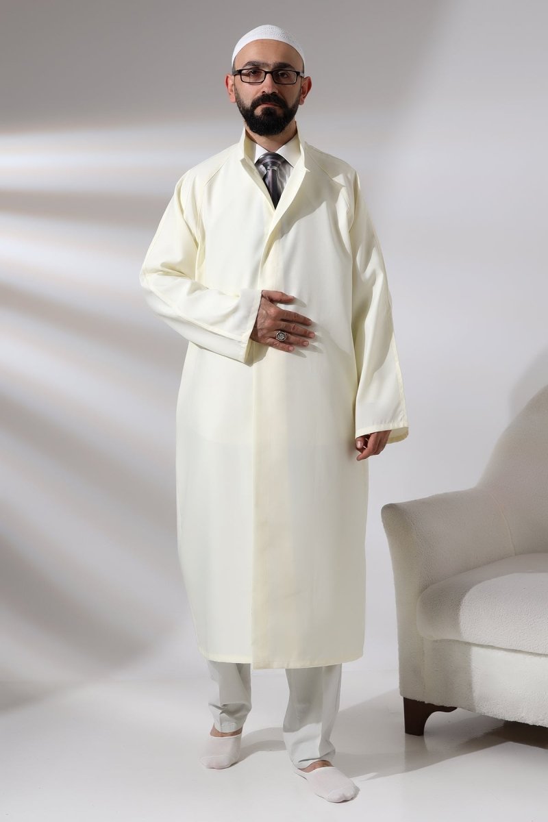 Cream Men's Prayer Robe, Plain, Unpatterned, Mandarin Collar, Imam Robe - ihvan