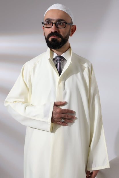 Cream Men's Prayer Robe, Plain, Unpatterned, Mandarin Collar, Imam Robe - ihvan