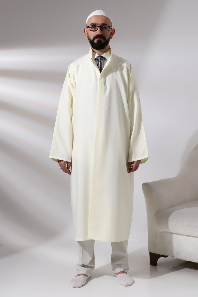 Cream Men's Prayer Robe, Plain, Unpatterned, Mandarin Collar, Imam Robe - ihvan