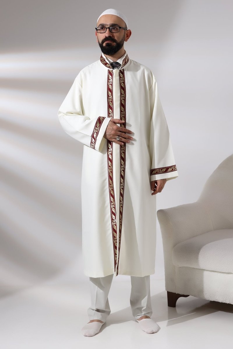 Cream Men's Prayer Robe with Burgundy Pattern Embroidery, Mandarin Collar, Imam Robe - ihvan