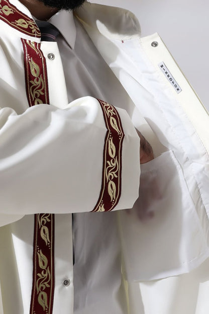 Cream Men's Prayer Robe with Burgundy Pattern Embroidery, Mandarin Collar, Imam Robe - ihvan