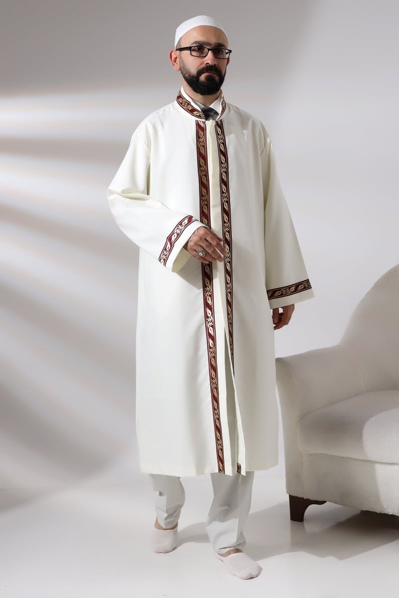 Cream Men's Prayer Robe with Burgundy Pattern Embroidery, Mandarin Collar, Imam Robe - ihvan