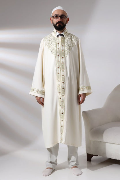 Cream Men's Prayer Robe with Mandarin Collar and Embroidered Imam Robe - ihvan