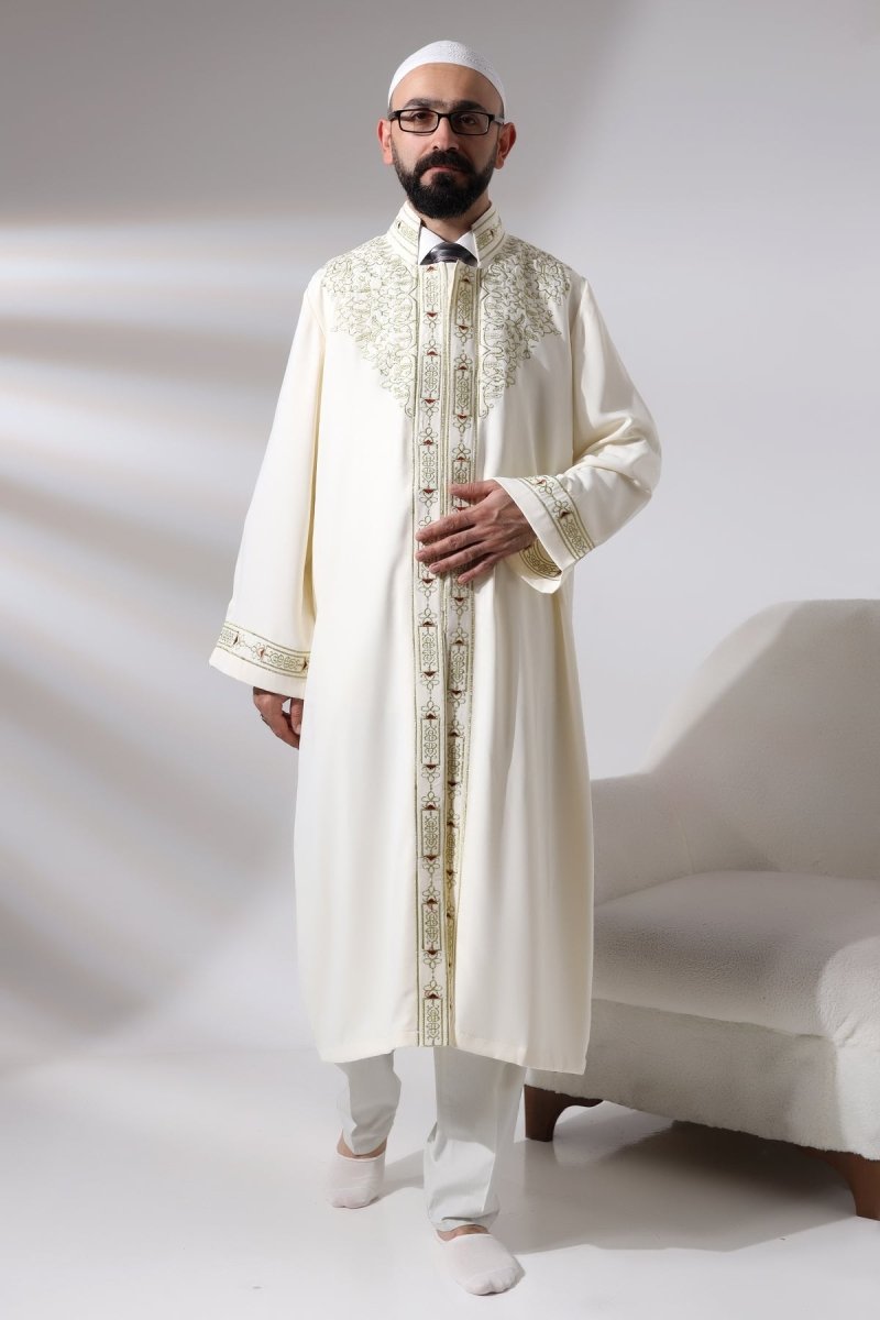 Cream Men's Prayer Robe with Mandarin Collar and Embroidered Imam Robe - ihvan