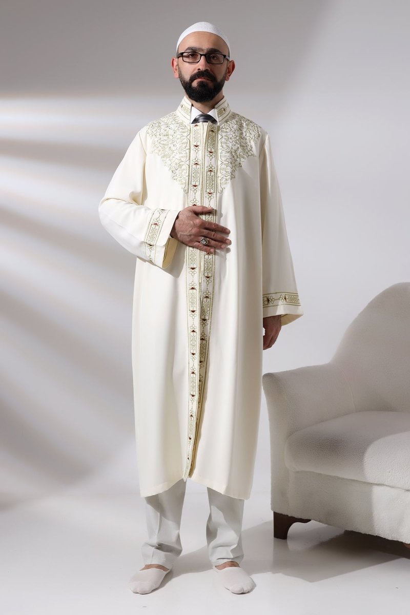 Cream Men's Prayer Robe with Mandarin Collar and Embroidered Imam Robe - ihvan