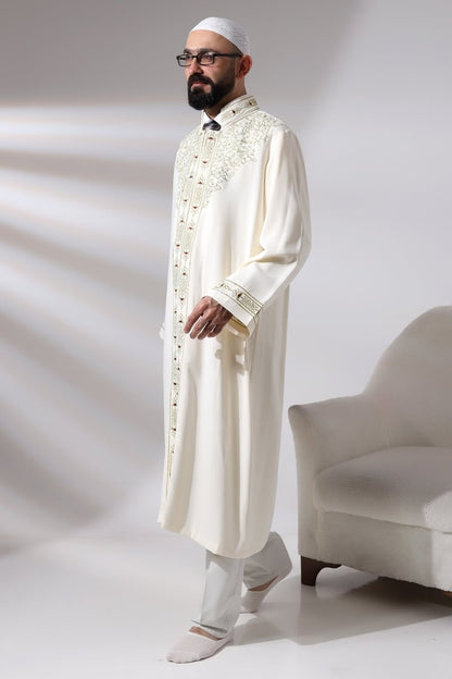 Cream Men's Prayer Robe with Mandarin Collar and Embroidered Imam Robe - ihvan