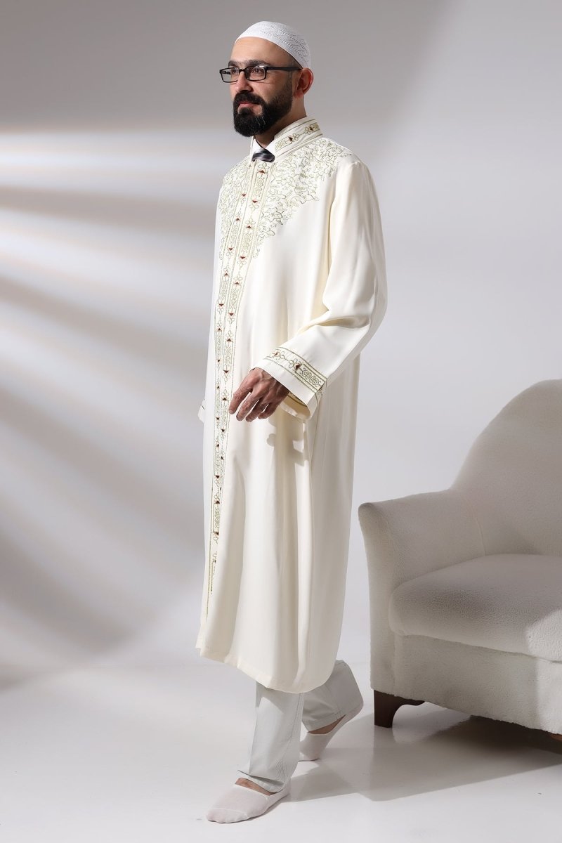 Cream Men's Prayer Robe with Mandarin Collar and Embroidered Imam Robe - ihvan