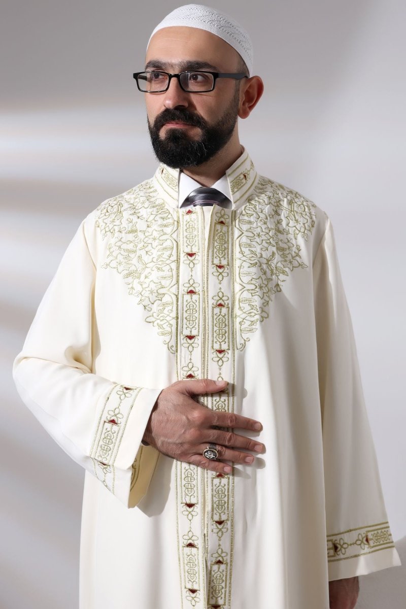 Cream Men's Prayer Robe with Mandarin Collar and Embroidered Imam Robe - ihvan