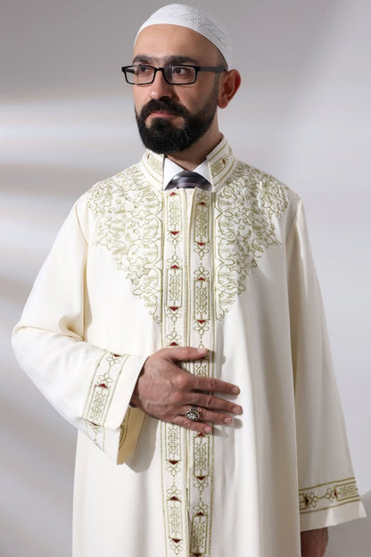 Cream Men's Prayer Robe with Mandarin Collar and Embroidered Imam Robe - ihvan