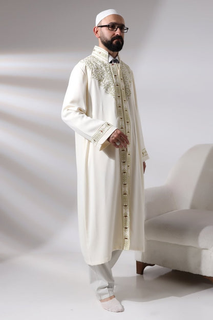 Cream Men's Prayer Robe with Mandarin Collar and Embroidered Imam Robe - ihvan