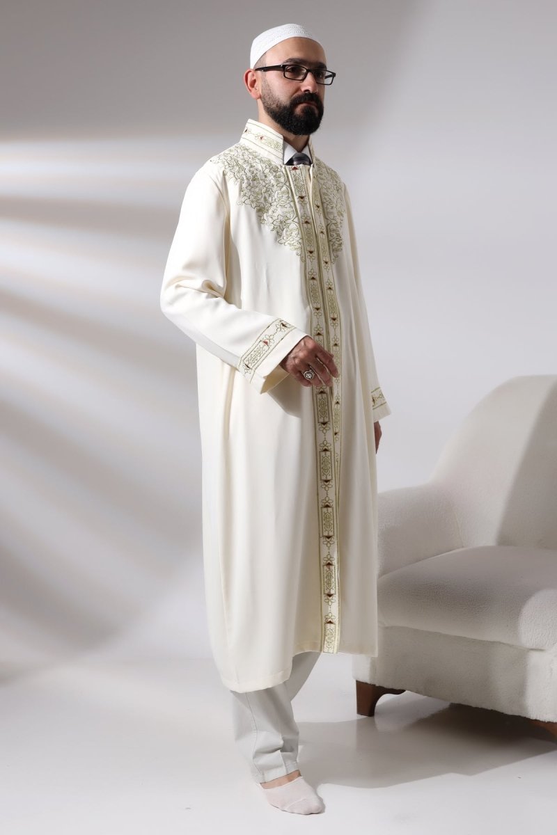 Cream Men's Prayer Robe with Mandarin Collar and Embroidered Imam Robe - ihvan