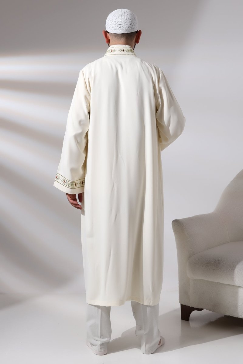 Cream Men's Prayer Robe with Mandarin Collar and Embroidered Imam Robe - ihvan