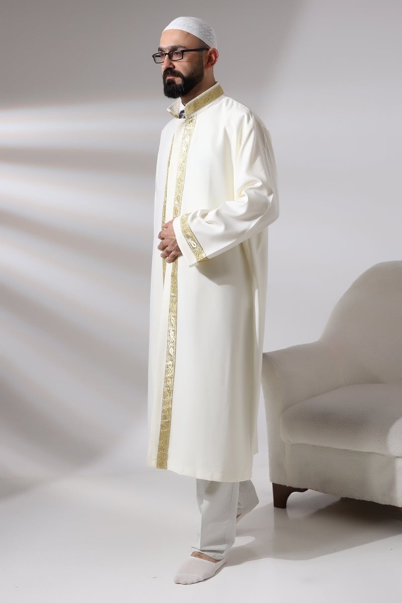 Cream Men's Prayer Robe with Rose Pattern Embroidery, Mandarin Collar, Imam Robe - ihvan