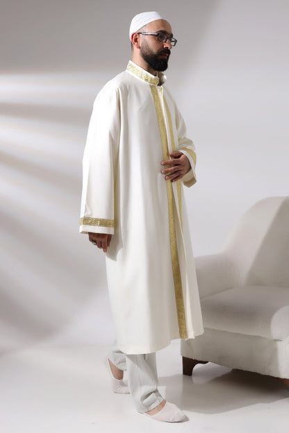 Cream Men's Prayer Robe with Rose Pattern Embroidery, Mandarin Collar, Imam Robe - ihvan