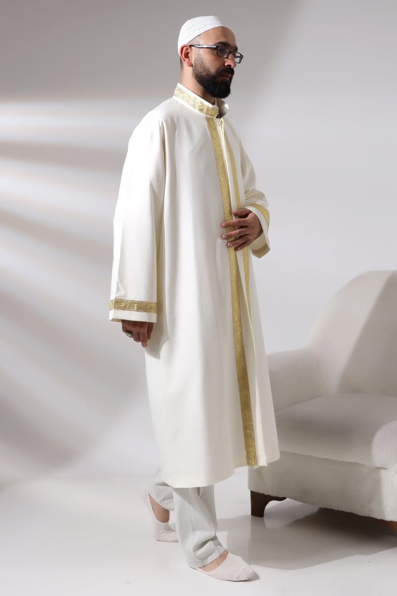 Cream Men's Prayer Robe with Rose Pattern Embroidery, Mandarin Collar, Imam Robe - ihvan