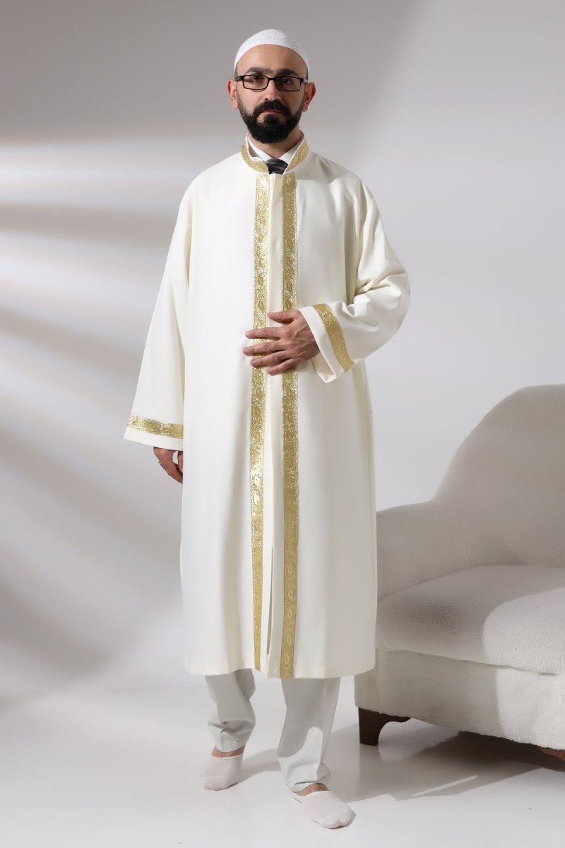 Cream Men's Prayer Robe with Rose Pattern Embroidery, Mandarin Collar, Imam Robe - ihvan