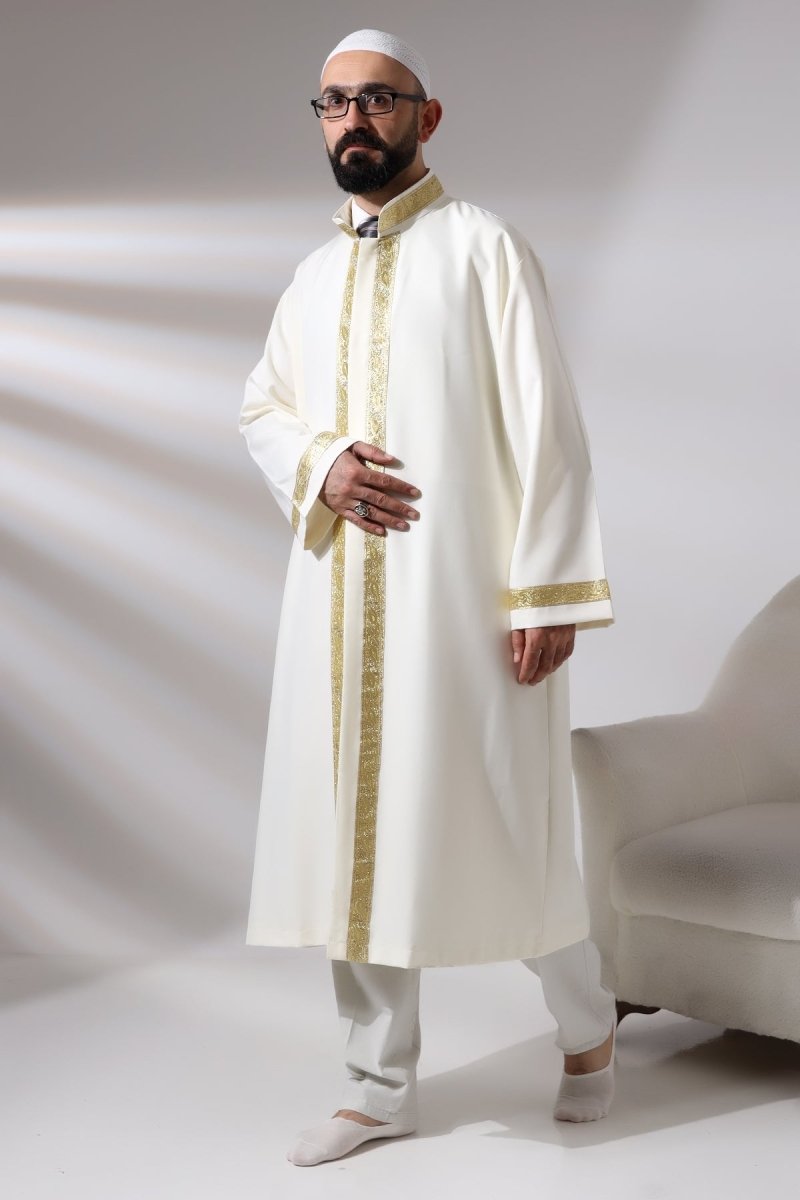 Cream Men's Prayer Robe with Rose Pattern Embroidery, Mandarin Collar, Imam Robe - ihvan