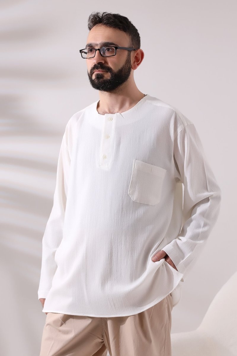 Cream Men's Relaxed Fit 3-Button Crew Neck Hajj and Umrah Shile Fabric Shirt - ihvan
