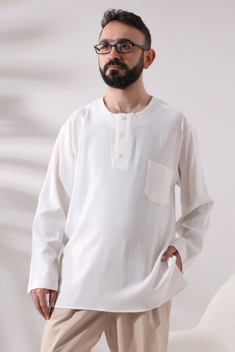 Cream Men's Relaxed Fit 3-Button Crew Neck Hajj and Umrah Shile Fabric Shirt - ihvan