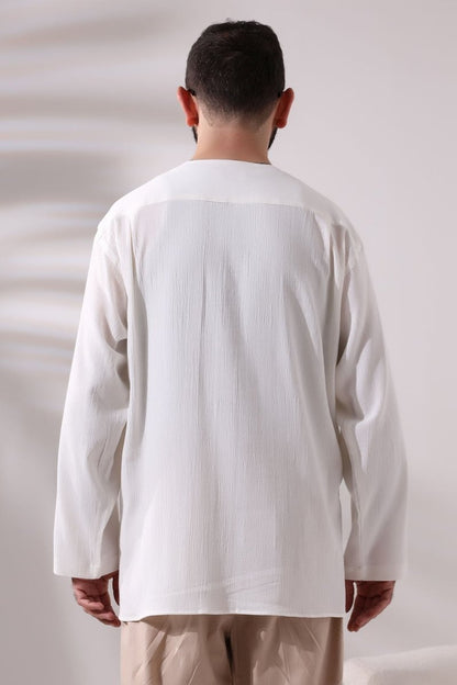 Cream Men's Relaxed Fit 3-Button Crew Neck Hajj and Umrah Shile Fabric Shirt - ihvan