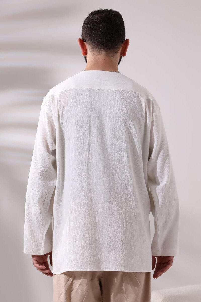 Cream Men's Relaxed Fit 3-Button Crew Neck Hajj and Umrah Shile Fabric Shirt - ihvan