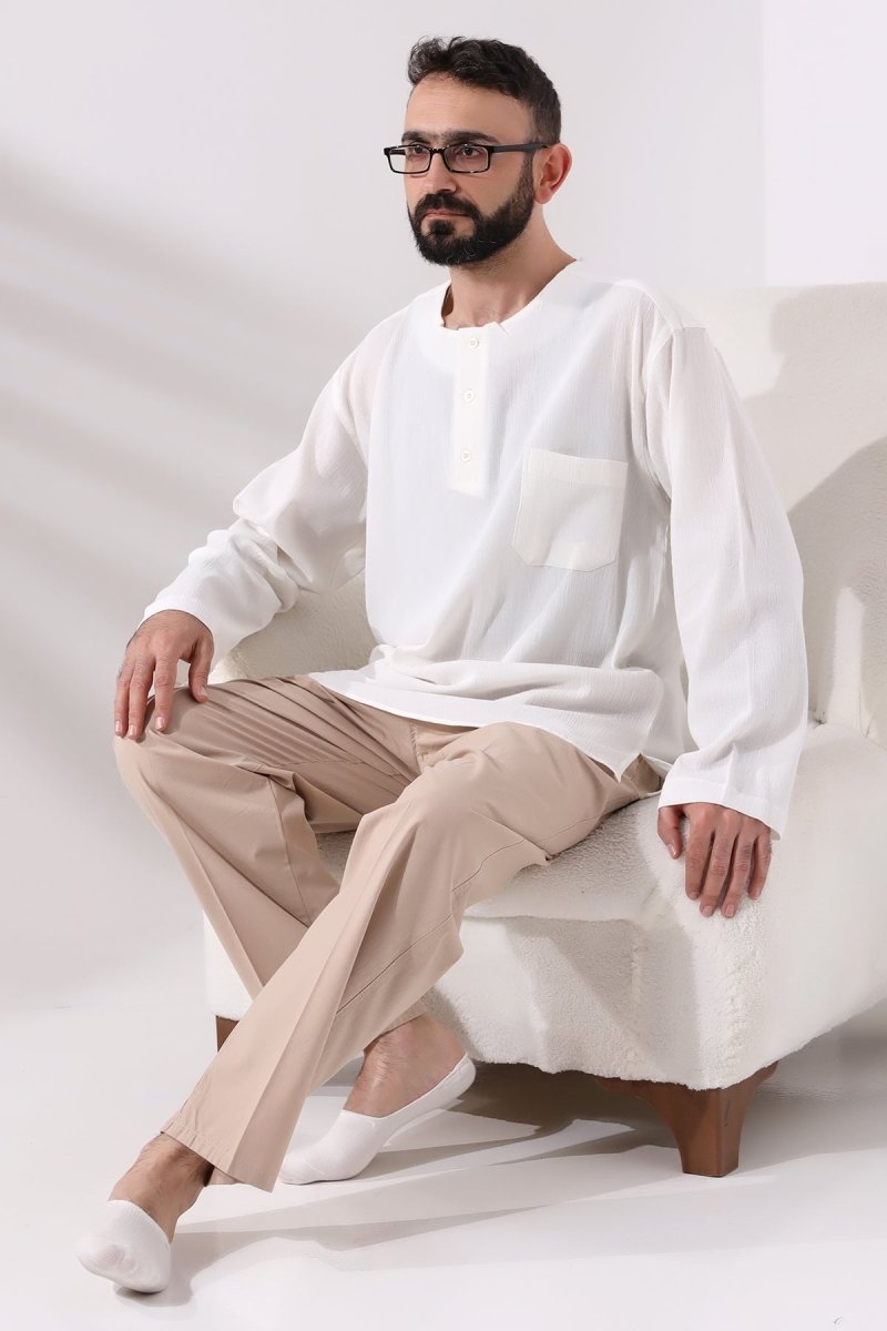 Cream Men's Relaxed Fit 3-Button Crew Neck Hajj and Umrah Shile Fabric Shirt - ihvan