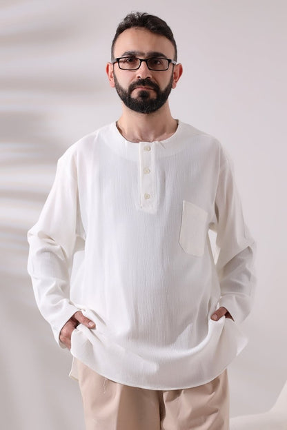 Cream Men's Relaxed Fit 3-Button Crew Neck Hajj and Umrah Shile Fabric Shirt - ihvan