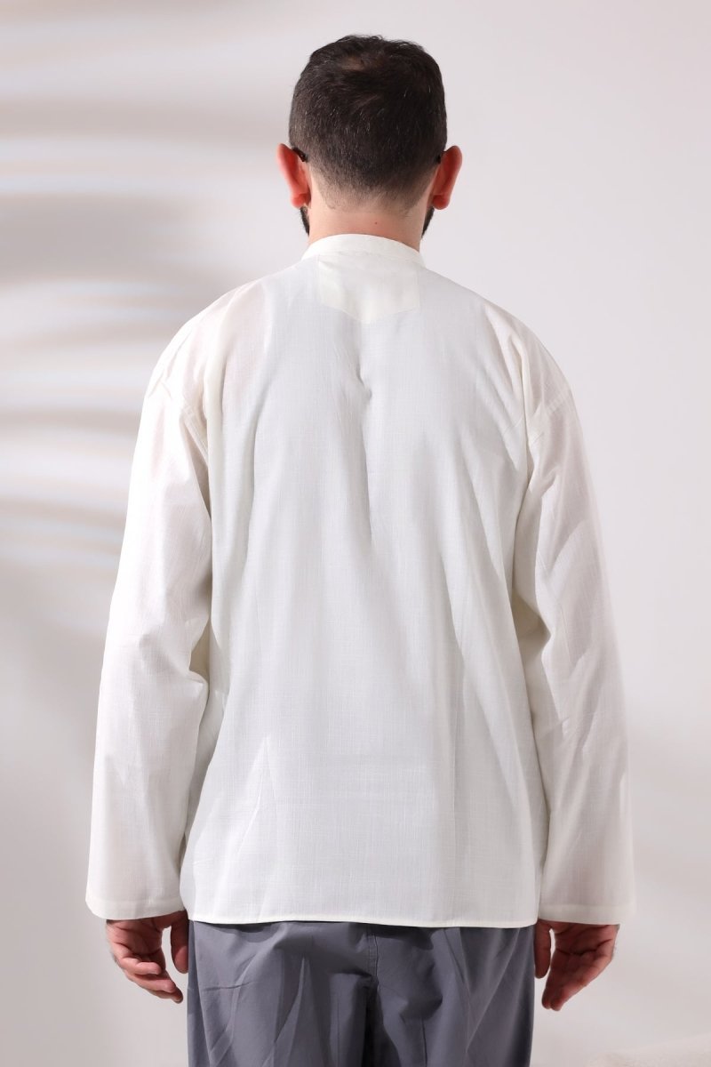 Cream Men's Relaxed Fit 3-Button Mandarin Collar Hajj and Umrah Linen Shirt - ihvan