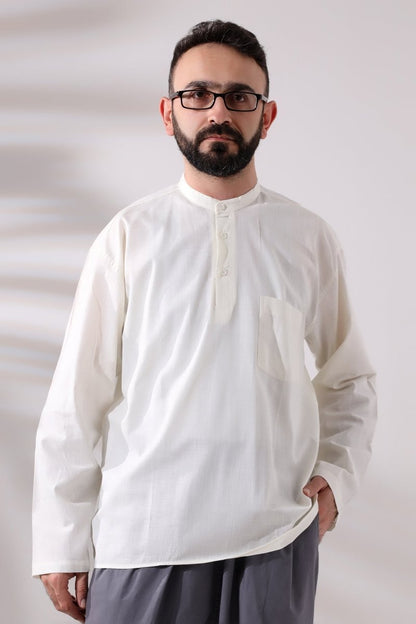 Cream Men's Relaxed Fit 3-Button Mandarin Collar Hajj and Umrah Linen Shirt - ihvan
