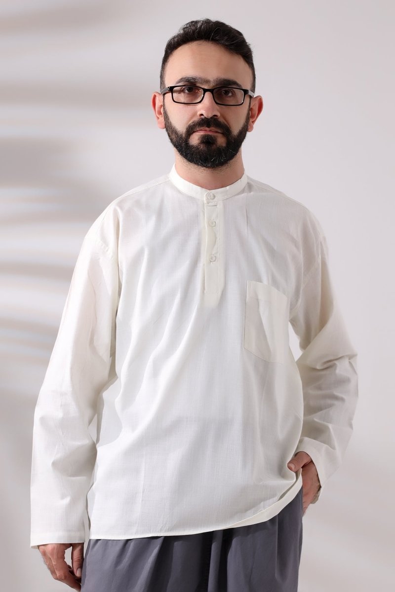 Cream Men's Relaxed Fit 3-Button Mandarin Collar Hajj and Umrah Linen Shirt - ihvan