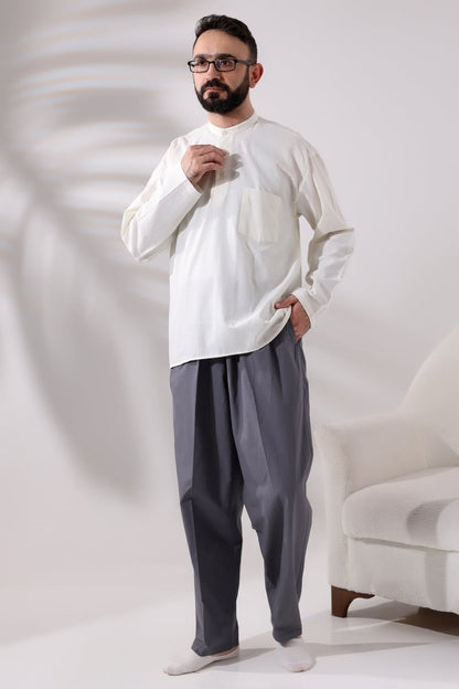 Cream Men's Relaxed Fit 3-Button Mandarin Collar Hajj and Umrah Linen Shirt - ihvan