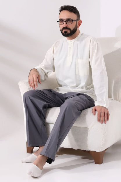 Cream Men's Relaxed Fit 3-Button Mandarin Collar Hajj and Umrah Linen Shirt - ihvan