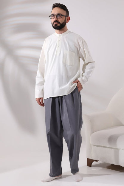 Cream Men's Relaxed Fit 3-Button Mandarin Collar Hajj and Umrah Linen Shirt - ihvan