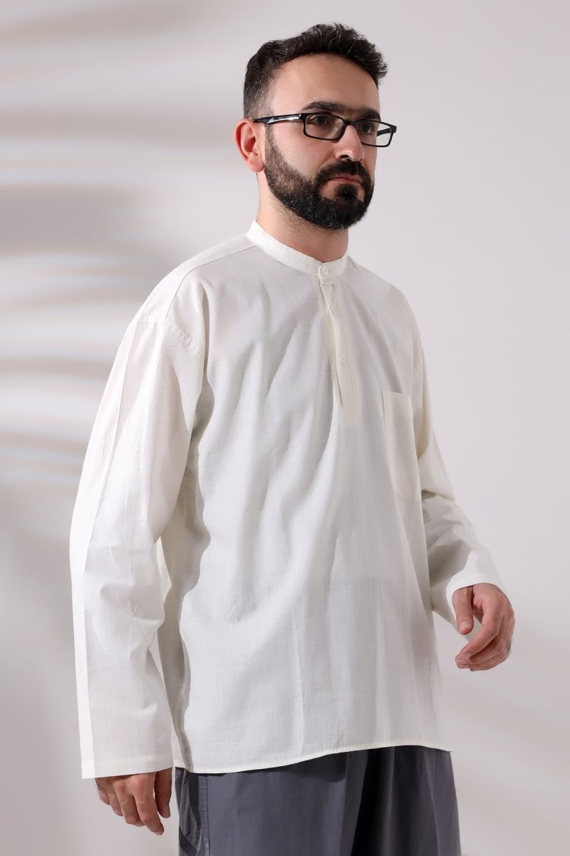 Cream Men's Relaxed Fit 3-Button Mandarin Collar Hajj and Umrah Linen Shirt - ihvan
