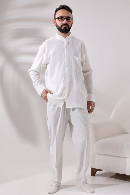 Cream Men's Relaxed Fit Mandarin Collar Shile Fabric Hajj and Umrah Shirt - ihvan