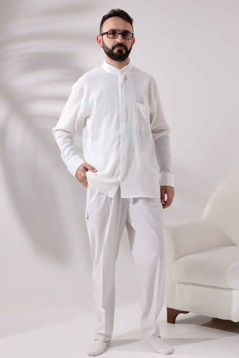 Cream Men's Relaxed Fit Mandarin Collar Shile Fabric Hajj and Umrah Shirt - ihvan