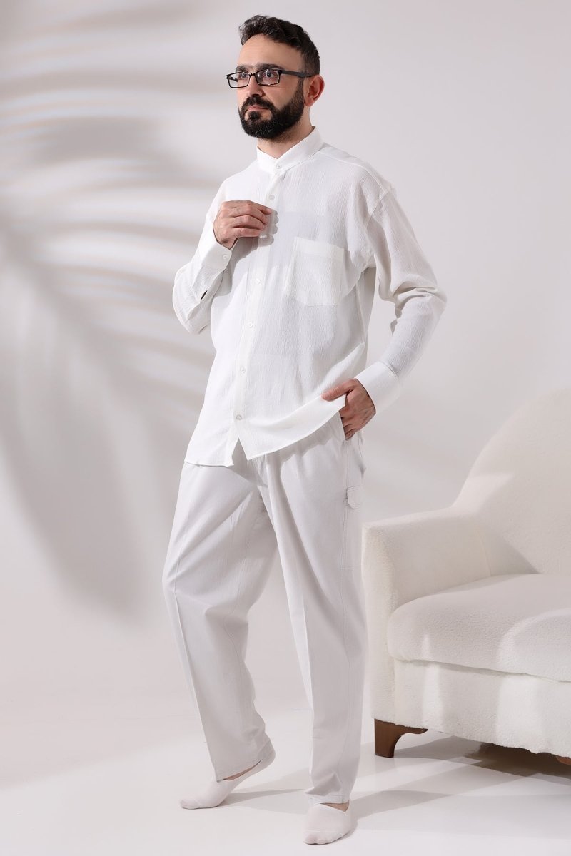 Cream Men's Relaxed Fit Mandarin Collar Shile Fabric Hajj and Umrah Shirt - ihvan