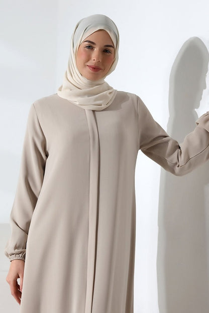 Cream Plain Hidden Zipper Abaya for Hajj and Umrah - ihvan