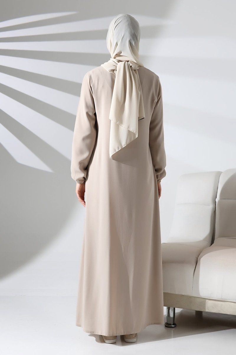 Cream Plain Hidden Zipper Abaya for Hajj and Umrah - ihvan