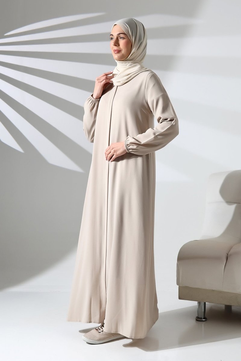 Cream Plain Hidden Zipper Abaya for Hajj and Umrah - ihvan