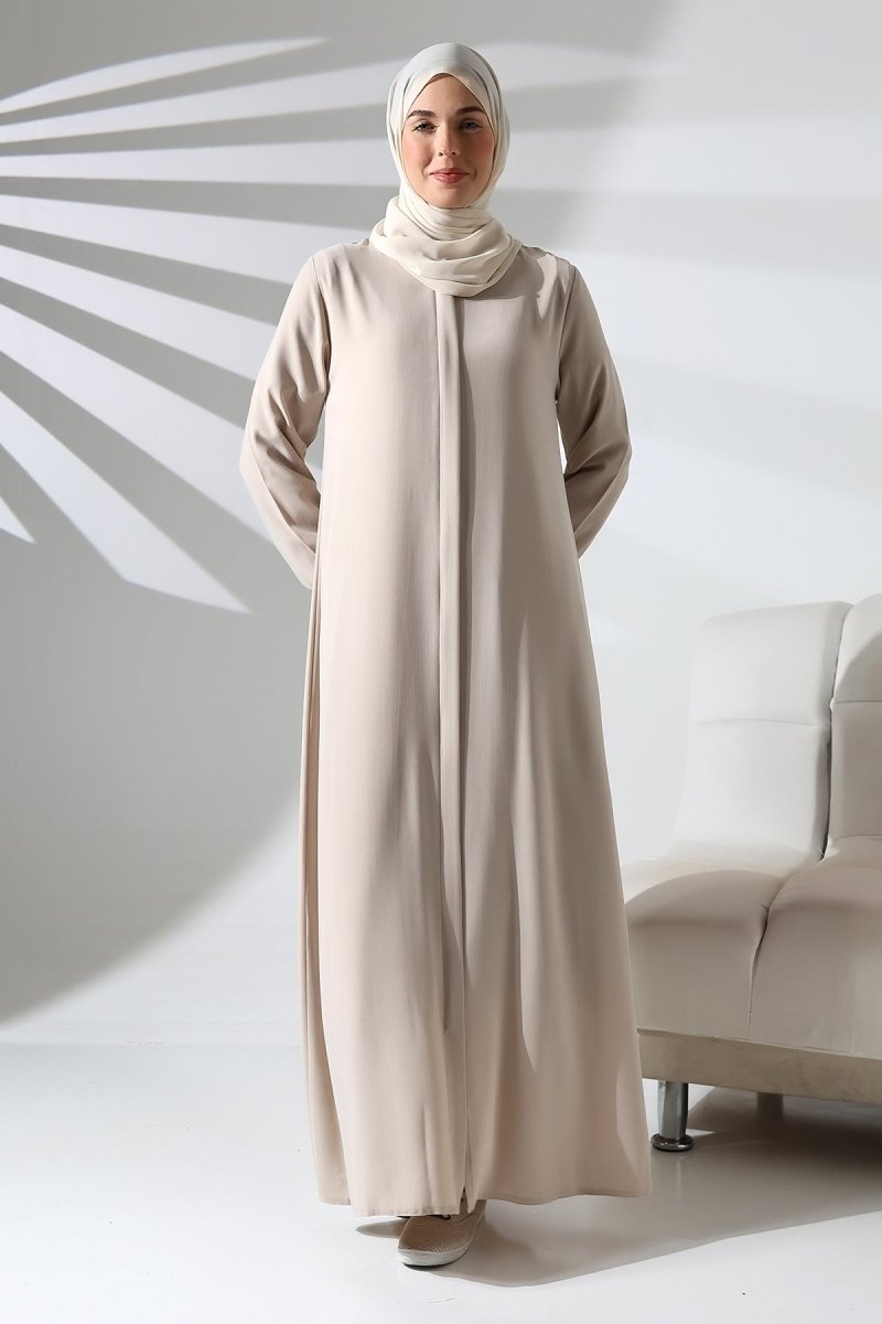 Cream Plain Hidden Zipper Abaya for Hajj and Umrah - ihvan