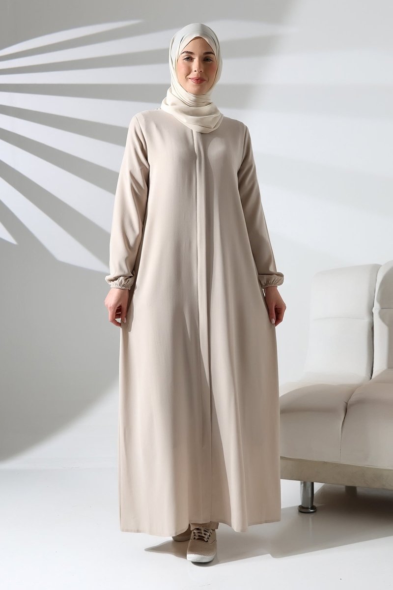 Cream Plain Hidden Zipper Abaya for Hajj and Umrah - ihvan