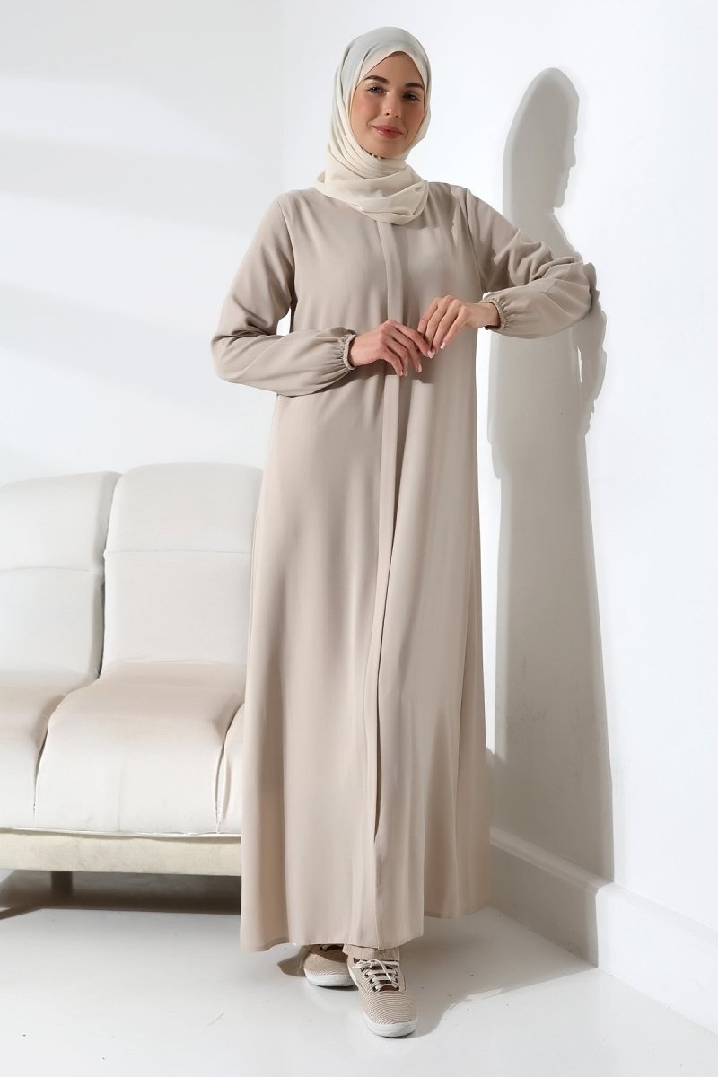Cream Plain Hidden Zipper Abaya for Hajj and Umrah - ihvan