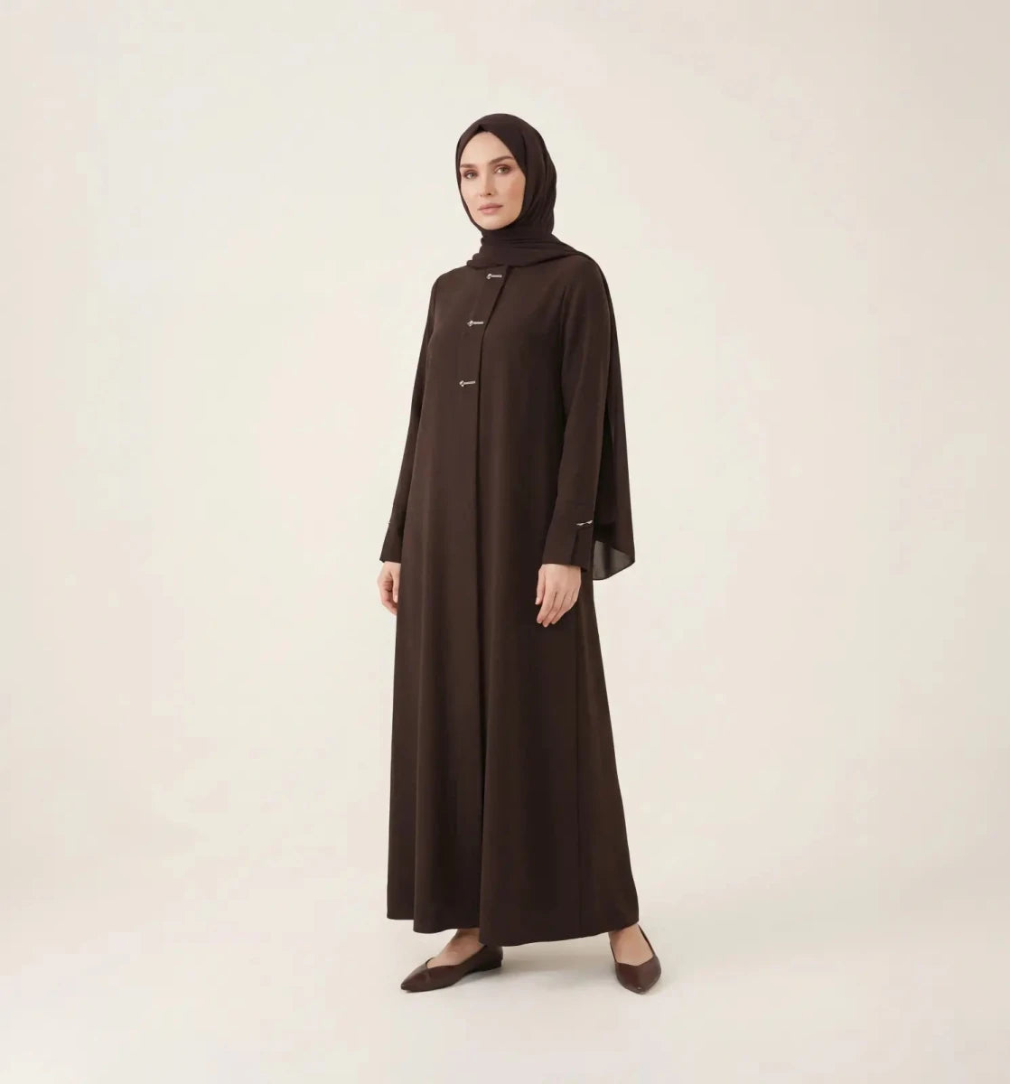 Crepe Abaya with Accessory Details and Zipper, Brown 9560-26 - ihvan