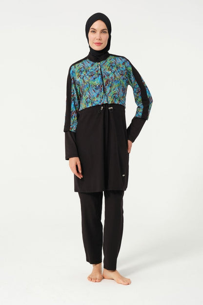 Crop Detail Athletic Full Coverage Hijab Swimsuit 3011 - 25 Black - ihvan
