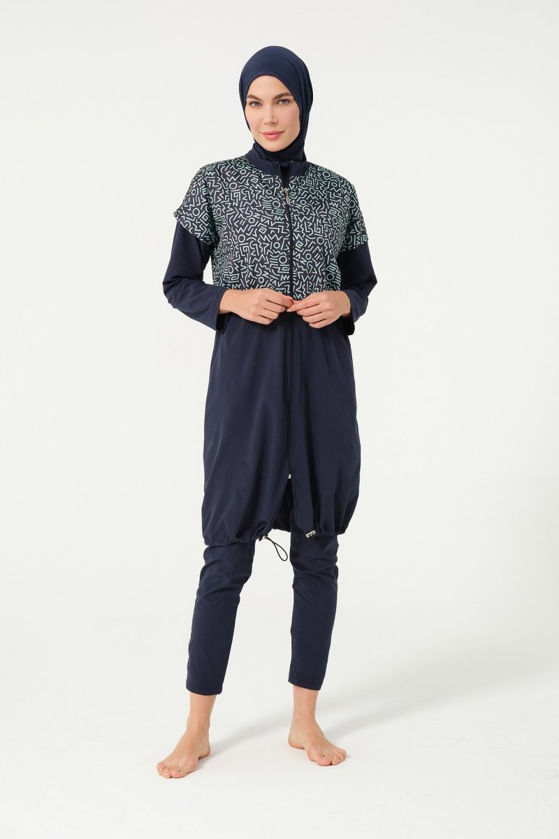 Crop Detail Athletic Full Coverage Hijab Swimsuit 3015 - 25 Dark Navy - ihvan