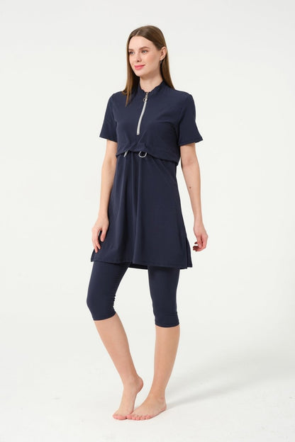 Crop Detail Zip - Up Semi - Closed Pool Swimsuit 3410 - 25 Dark Navy - ihvan