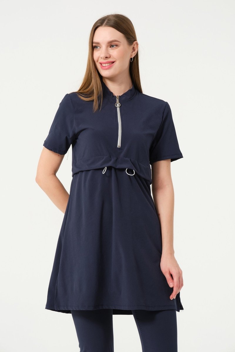 Crop Detail Zip - Up Semi - Closed Pool Swimsuit 3410 - 25 Dark Navy - ihvan
