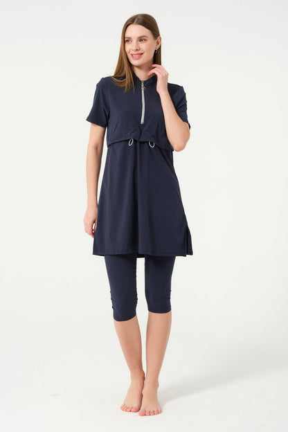 Crop Detail Zip - Up Semi - Closed Pool Swimsuit 3410 - 25 Dark Navy - ihvan