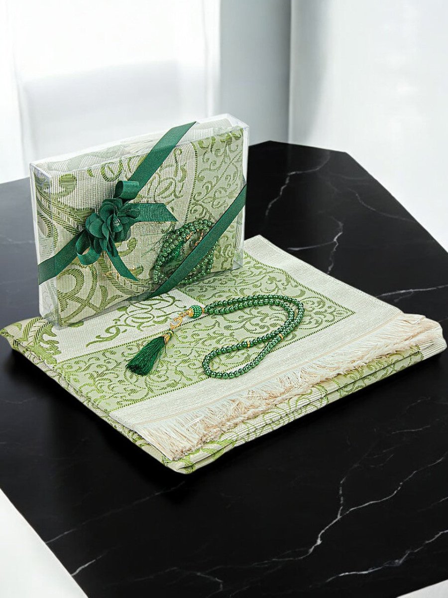 Elegant Dowry Prayer Set with Pearl Tasbeeh – Tafta Prayer Rug for Wedding Gifts - ihvan